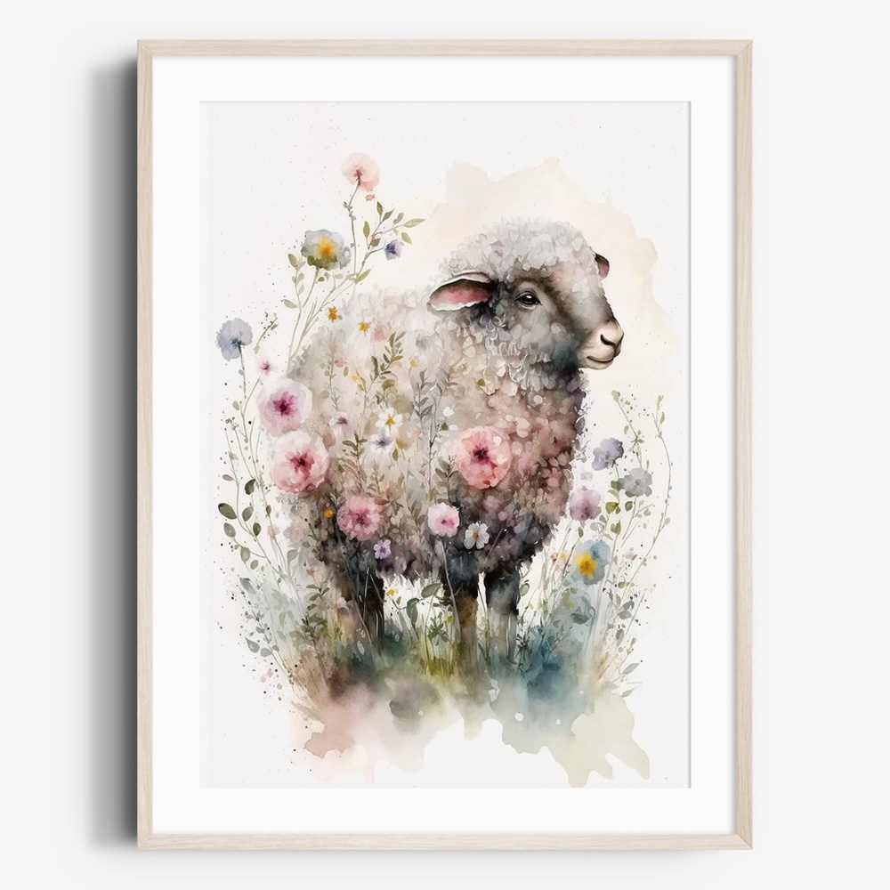 Watercolor Cute Floral Sheep Lamb Wall Art Illustration Print Poster Unframed